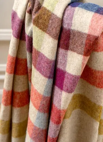 Beige & Coral Check Merino Wool Throw